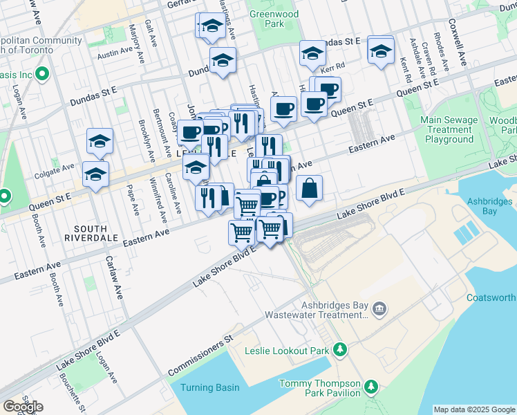 map of restaurants, bars, coffee shops, grocery stores, and more near 20 Leslie Street in Toronto
