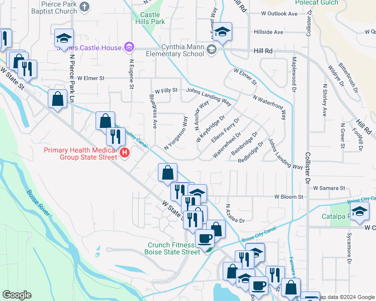 map of restaurants, bars, coffee shops, grocery stores, and more near 5621 Winfield Court in Boise