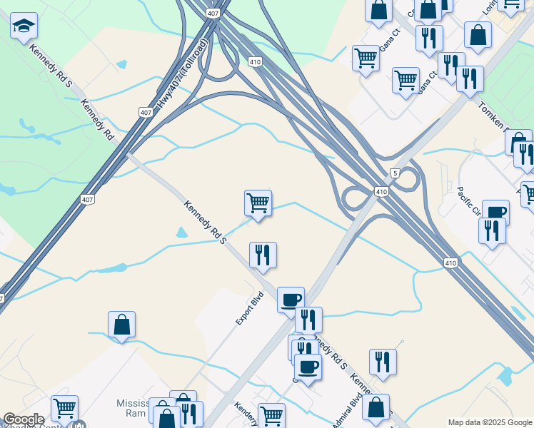 map of restaurants, bars, coffee shops, grocery stores, and more near 580 Secretariat Court in Mississauga