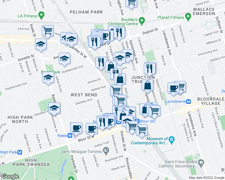 map of restaurants, bars, coffee shops, grocery stores, and more near 2496 Dundas Street West in Toronto