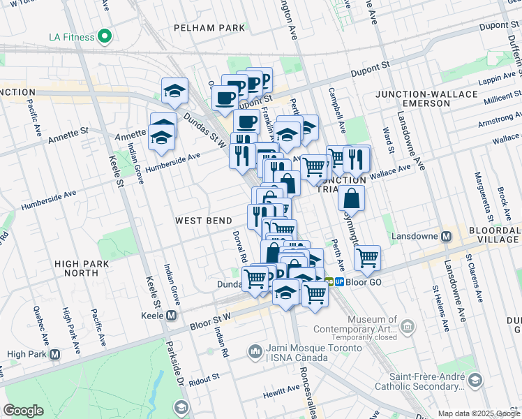 map of restaurants, bars, coffee shops, grocery stores, and more near 2495 Dundas Street West in Toronto