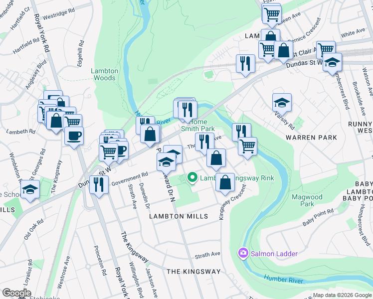map of restaurants, bars, coffee shops, grocery stores, and more near 33 Thorndale Avenue in Toronto