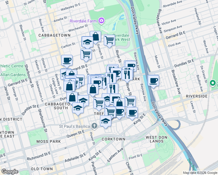 map of restaurants, bars, coffee shops, grocery stores, and more near 170 Sumach Street in Toronto
