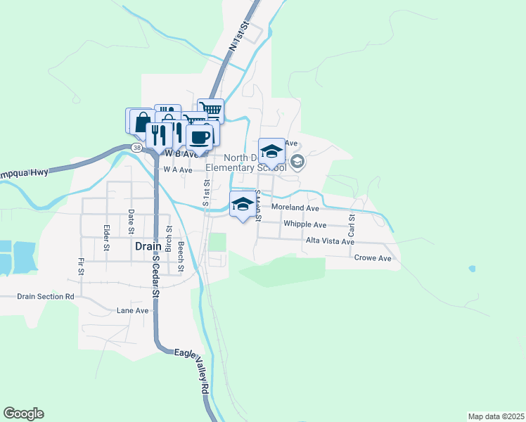 map of restaurants, bars, coffee shops, grocery stores, and more near 302 South Main Street in Drain