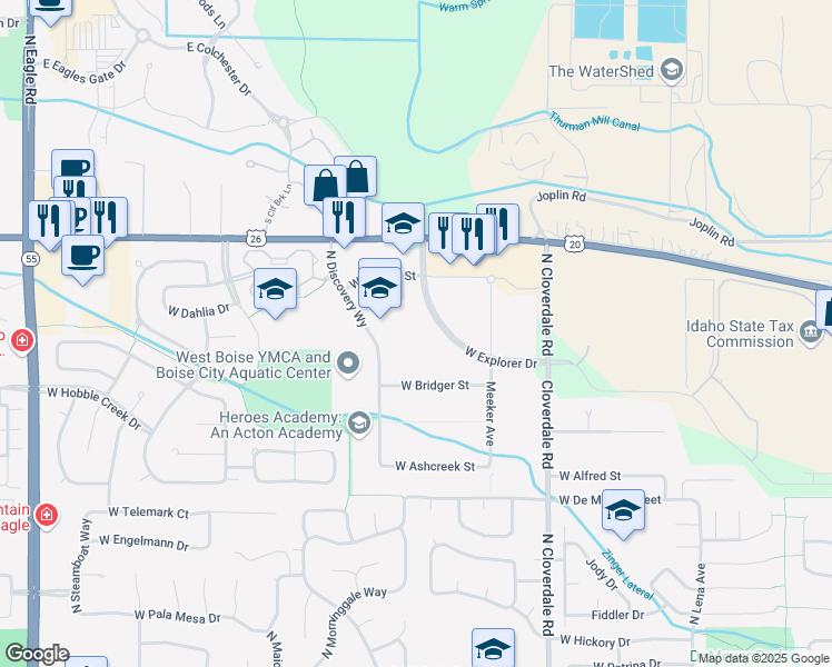 map of restaurants, bars, coffee shops, grocery stores, and more near 6074 North Discovery Way in Boise