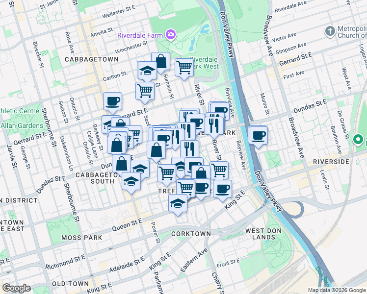 map of restaurants, bars, coffee shops, grocery stores, and more near 170 Sumach Street in Toronto