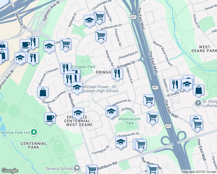 map of restaurants, bars, coffee shops, grocery stores, and more near in Toronto
