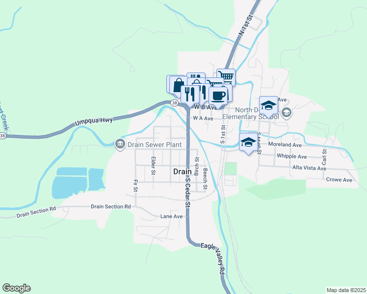 map of restaurants, bars, coffee shops, grocery stores, and more near 314 South Cedar Street in Drain