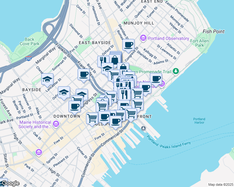 map of restaurants, bars, coffee shops, grocery stores, and more near 96 Federal Street in Portland