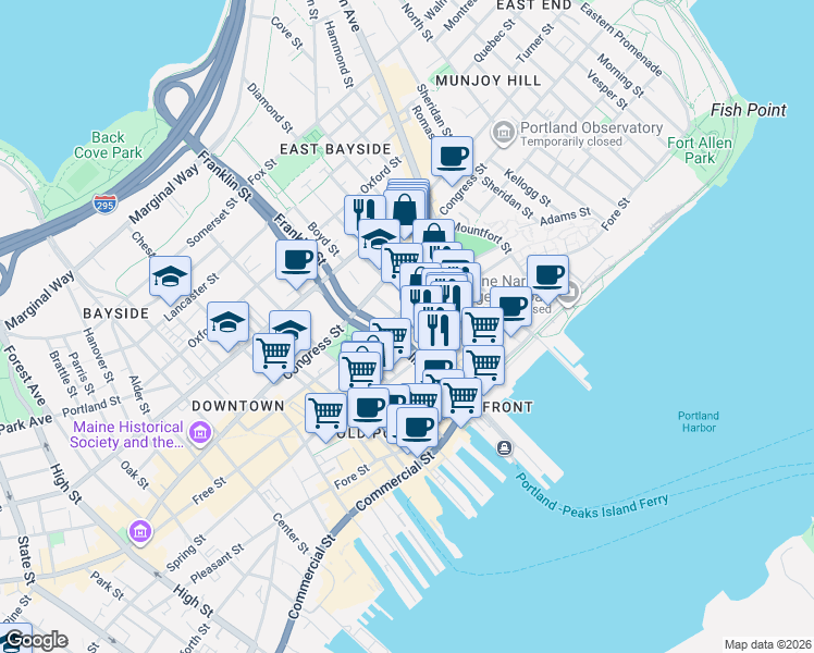 map of restaurants, bars, coffee shops, grocery stores, and more near 96 Federal Street in Portland