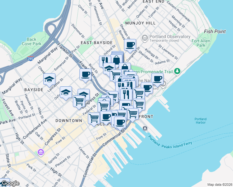 map of restaurants, bars, coffee shops, grocery stores, and more near 96 Federal Street in Portland