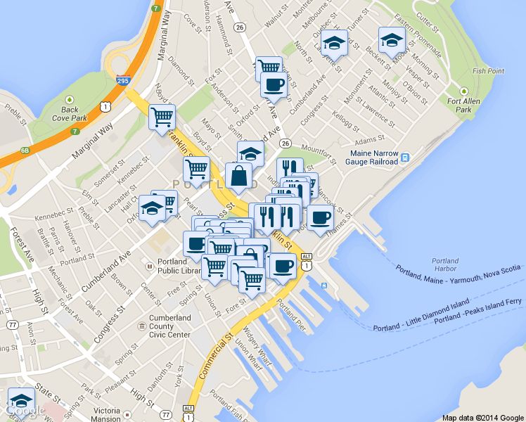 map of restaurants, bars, coffee shops, grocery stores, and more near 96 Federal Street in Portland