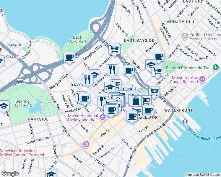 map of restaurants, bars, coffee shops, grocery stores, and more near 159 Oxford Street in Portland