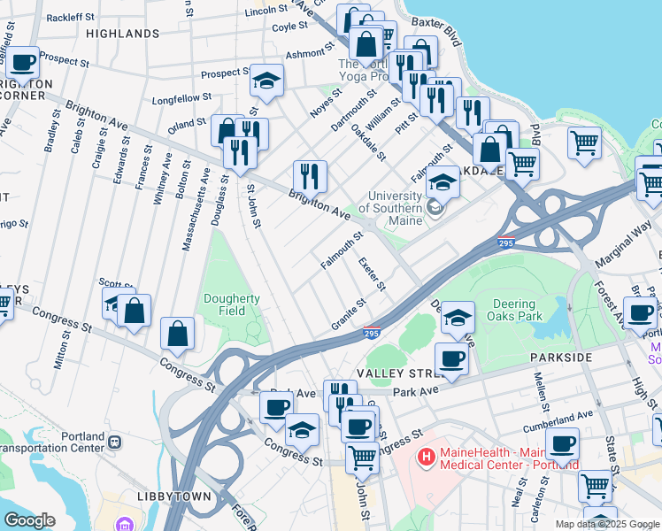 map of restaurants, bars, coffee shops, grocery stores, and more near 183 Falmouth Street in Portland