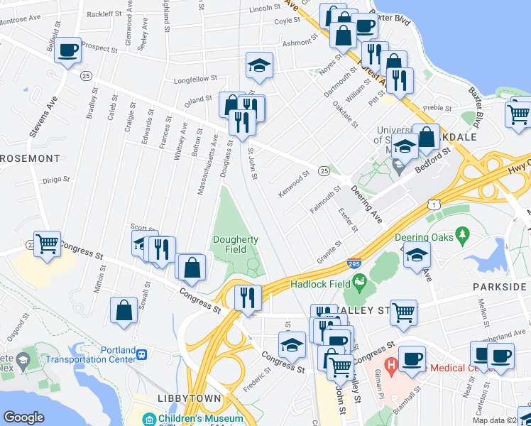 map of restaurants, bars, coffee shops, grocery stores, and more near 516 Saint John Street in Portland