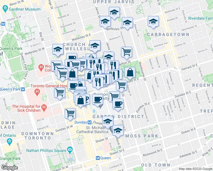 map of restaurants, bars, coffee shops, grocery stores, and more near in Toronto