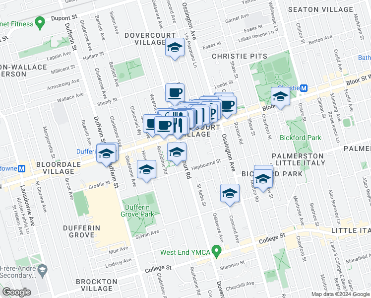 map of restaurants, bars, coffee shops, grocery stores, and more near 971 Bloor Street West in Toronto