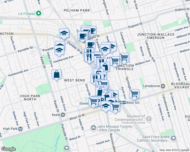 map of restaurants, bars, coffee shops, grocery stores, and more near in Toronto