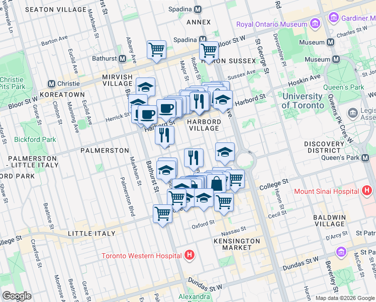 map of restaurants, bars, coffee shops, grocery stores, and more near 47 Ulster Street in Toronto