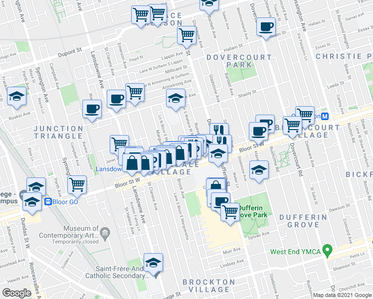 map of restaurants, bars, coffee shops, grocery stores, and more near 24 Pauline Avenue in Toronto