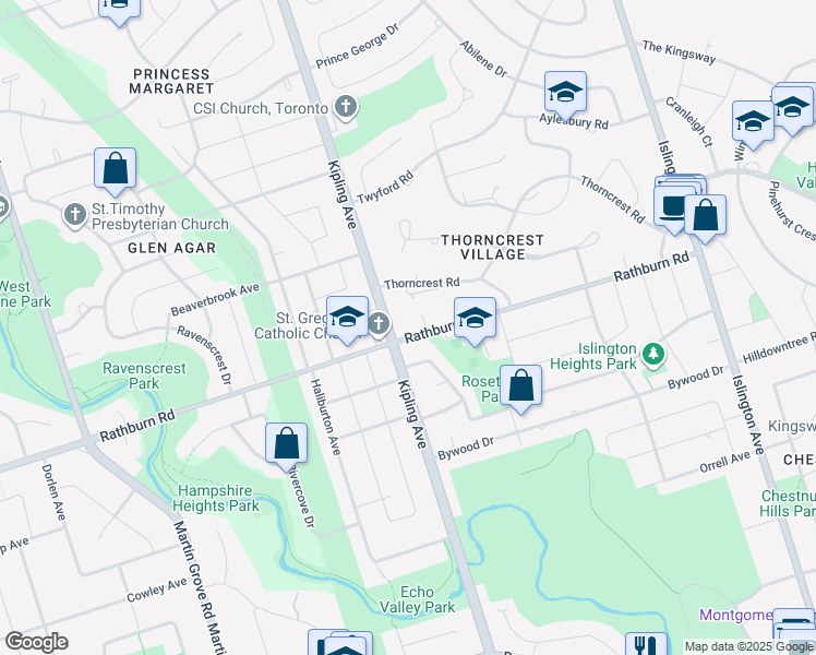 map of restaurants, bars, coffee shops, grocery stores, and more near 116 Rathburn Road in Toronto