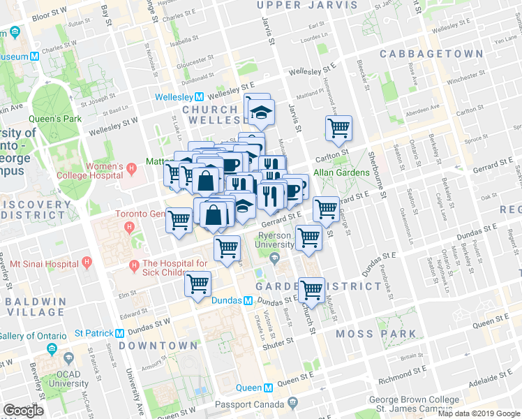 map of restaurants, bars, coffee shops, grocery stores, and more near 61 McGill Street in Toronto