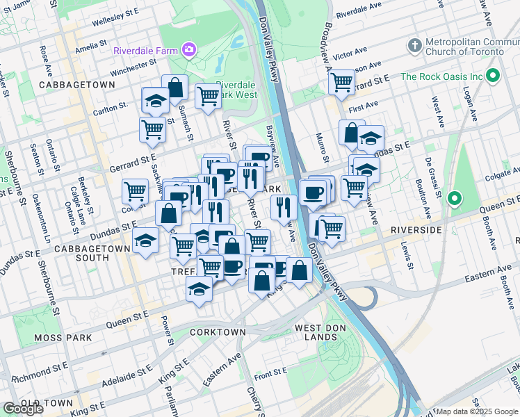 map of restaurants, bars, coffee shops, grocery stores, and more near in Toronto