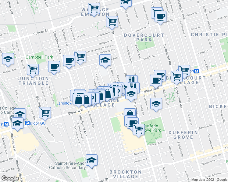 map of restaurants, bars, coffee shops, grocery stores, and more near 25 Pauline Ave in Toronto