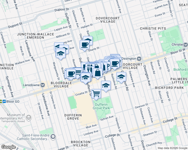 map of restaurants, bars, coffee shops, grocery stores, and more near 1090 A Bloor Street West in Toronto