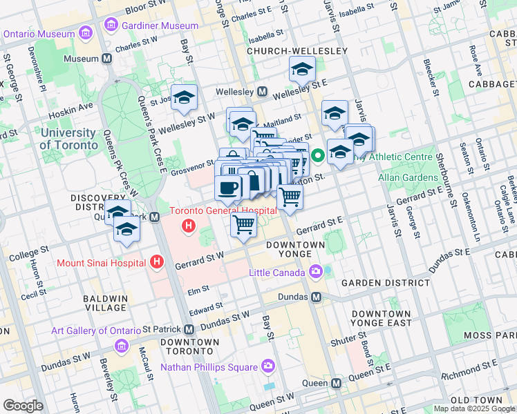 map of restaurants, bars, coffee shops, grocery stores, and more near 444 Yonge Street in Toronto