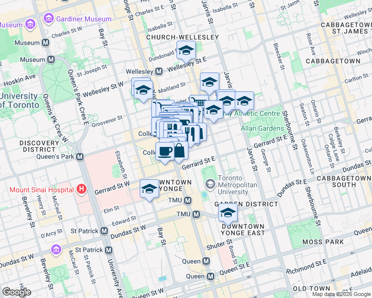 map of restaurants, bars, coffee shops, grocery stores, and more near 30 McGill Street in Toronto