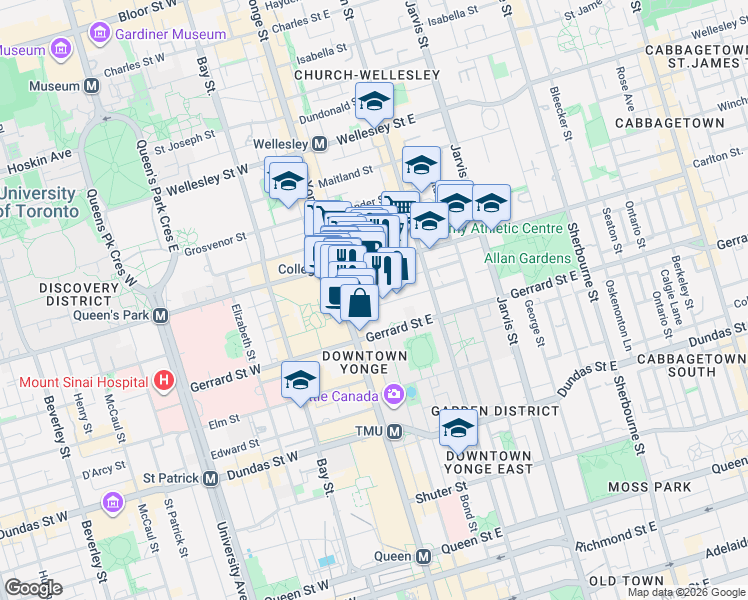 map of restaurants, bars, coffee shops, grocery stores, and more near 30 McGill Street in Toronto