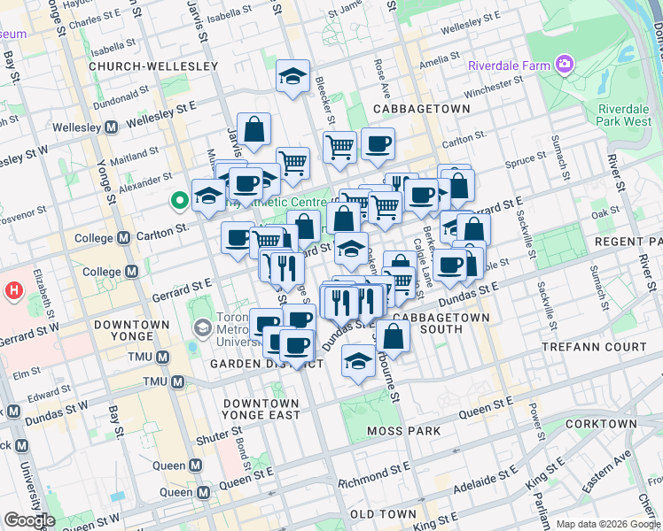 map of restaurants, bars, coffee shops, grocery stores, and more near 117 Pembroke Street in Toronto