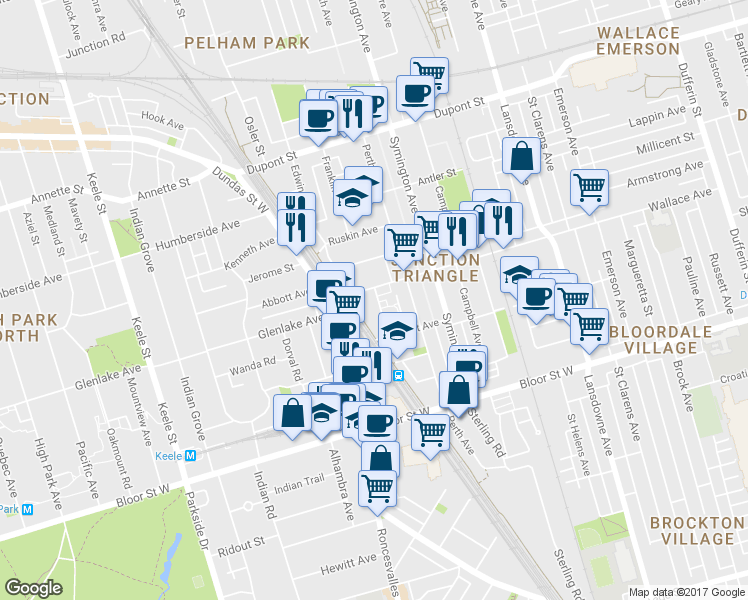 map of restaurants, bars, coffee shops, grocery stores, and more near in Toronto