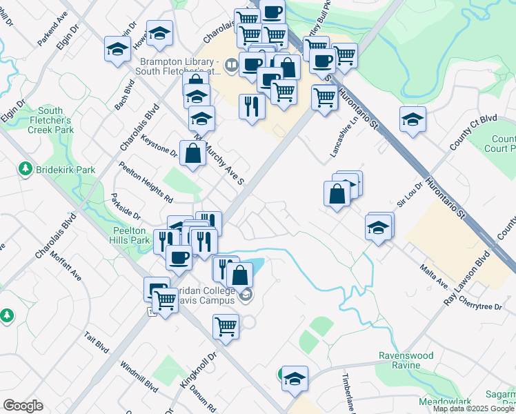 map of restaurants, bars, coffee shops, grocery stores, and more near 260 Malta Avenue in Brampton