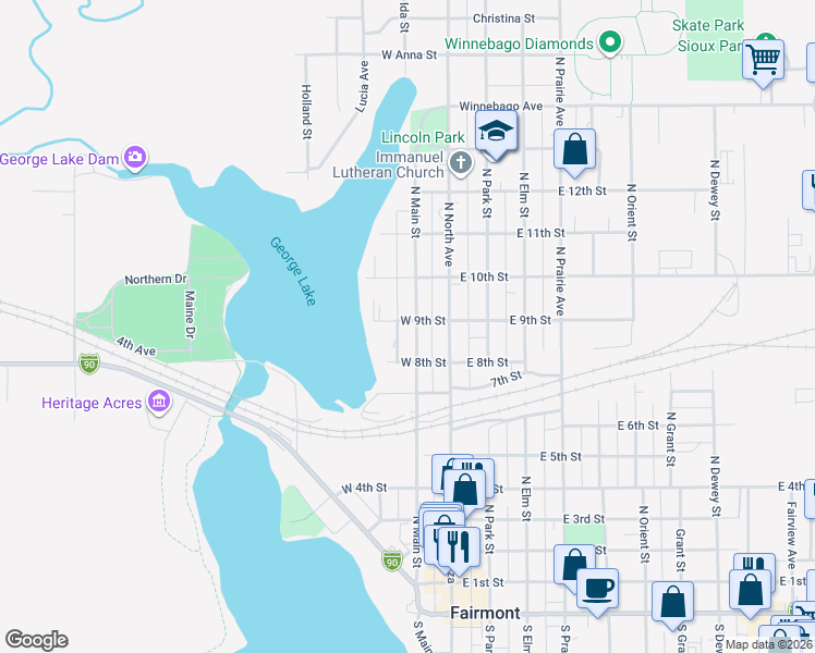map of restaurants, bars, coffee shops, grocery stores, and more near 829 North Main Street in Fairmont