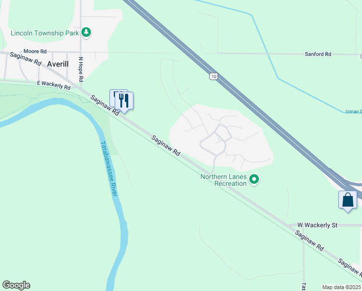 map of restaurants, bars, coffee shops, grocery stores, and more near 965 Saginaw Road in Sanford