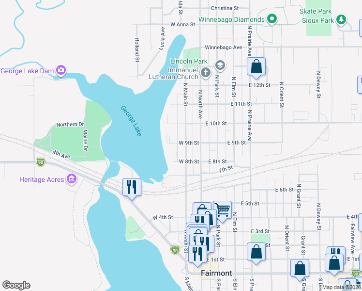 map of restaurants, bars, coffee shops, grocery stores, and more near 829 North Main Street in Fairmont