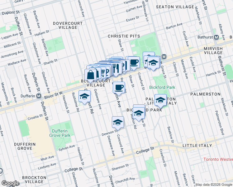 map of restaurants, bars, coffee shops, grocery stores, and more near 667 Ossington Avenue in Toronto