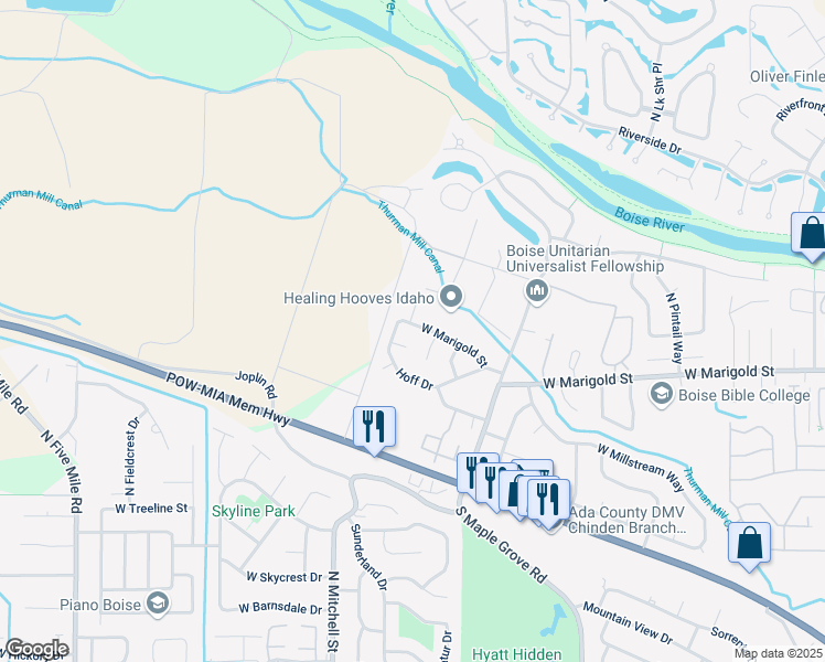 map of restaurants, bars, coffee shops, grocery stores, and more near 9589 West Marigold Street in Boise