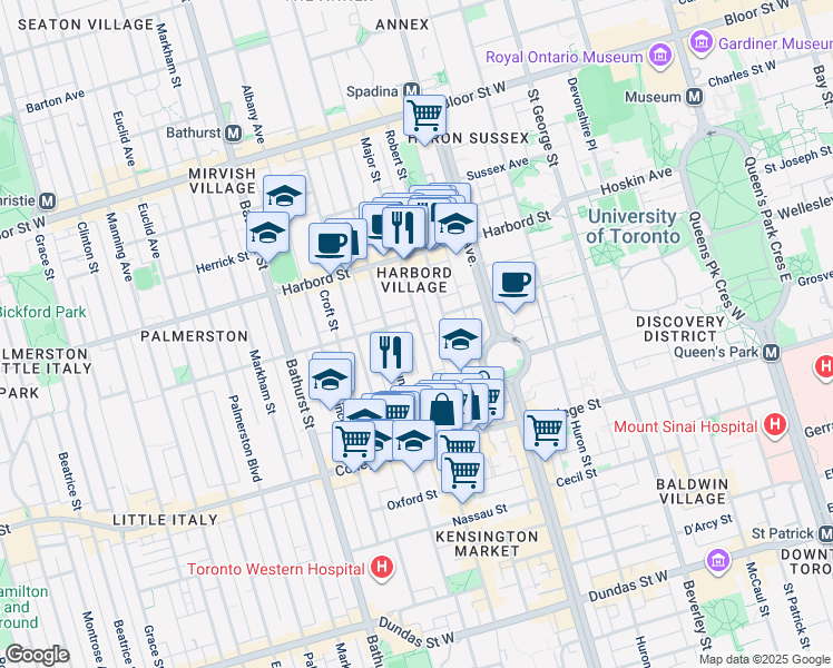map of restaurants, bars, coffee shops, grocery stores, and more near 82 Major Street in Toronto