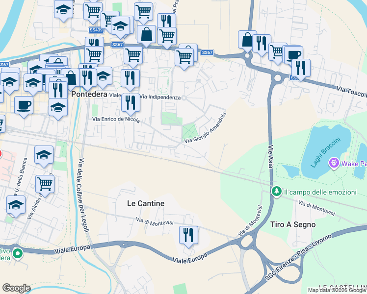 map of restaurants, bars, coffee shops, grocery stores, and more near 196 Via Enrico de Nicola in Pontedera