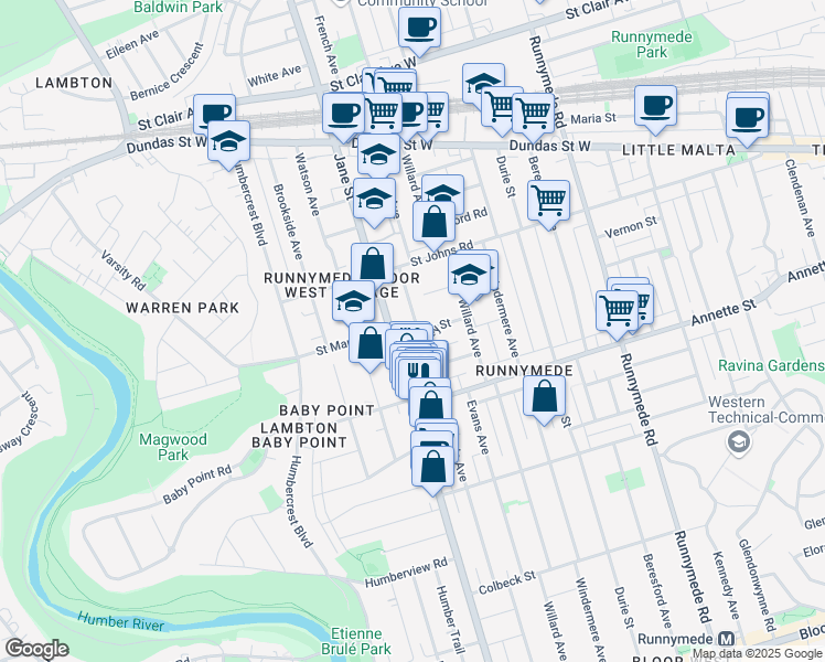 map of restaurants, bars, coffee shops, grocery stores, and more near 6 Priscilla Avenue in Toronto