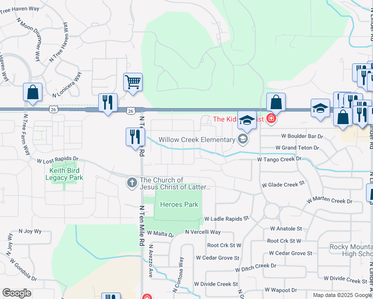 map of restaurants, bars, coffee shops, grocery stores, and more near 6144 North Santa Rita Avenue in Meridian