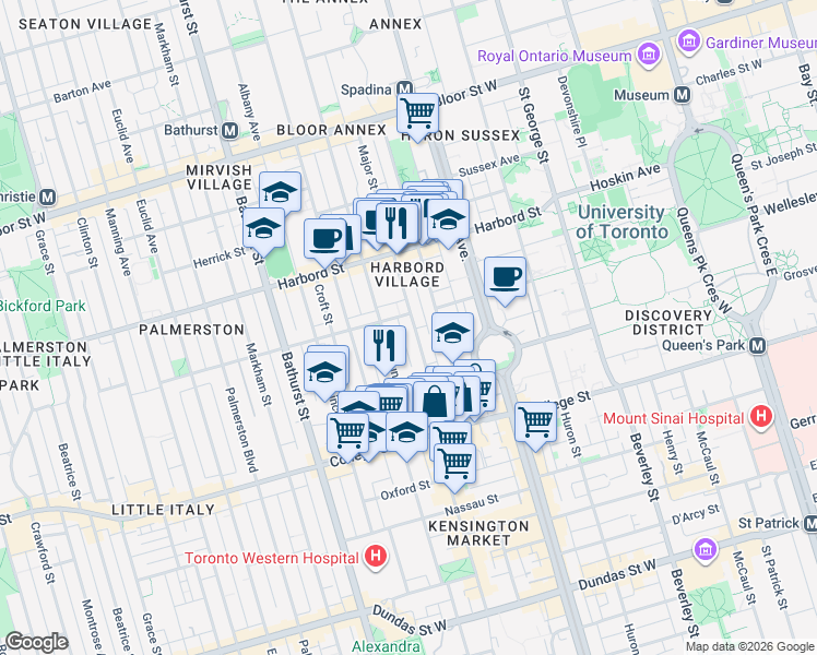 map of restaurants, bars, coffee shops, grocery stores, and more near 82 Major Street in Toronto