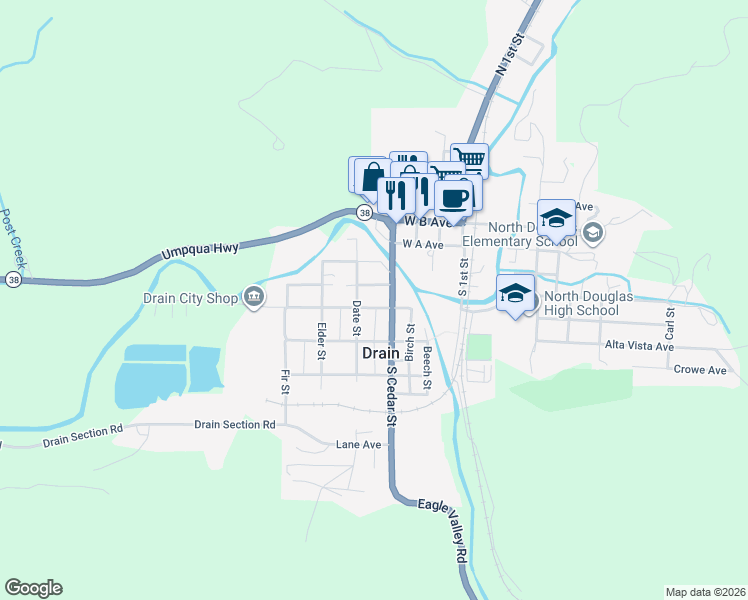 map of restaurants, bars, coffee shops, grocery stores, and more near 430 Division Avenue in Drain