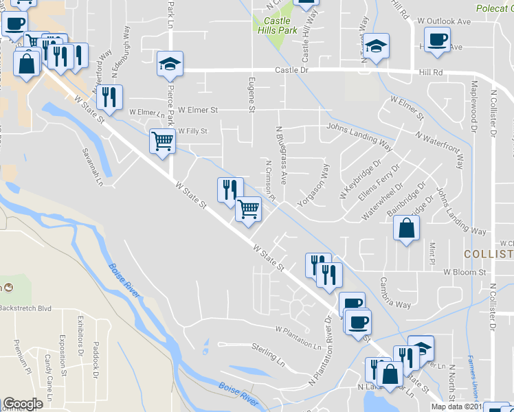 map of restaurants, bars, coffee shops, grocery stores, and more near 6030 West Port Place in Boise