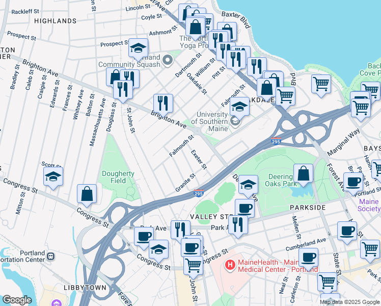 map of restaurants, bars, coffee shops, grocery stores, and more near 58 Exeter Street in Portland