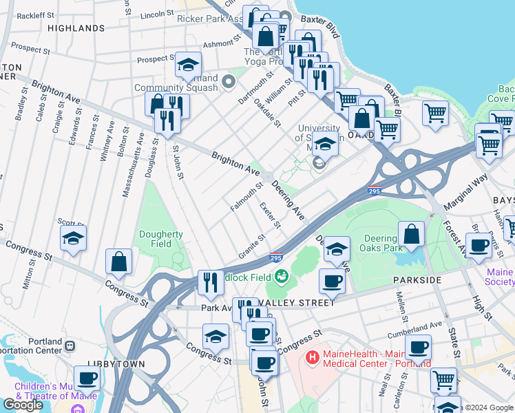 map of restaurants, bars, coffee shops, grocery stores, and more near 58 Exeter Street in Portland