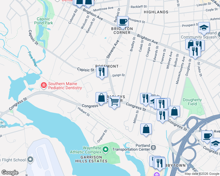 map of restaurants, bars, coffee shops, grocery stores, and more near 42 Stevens Avenue in Portland